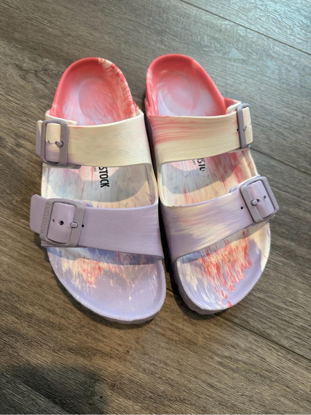 Birkenstock Arizona EVA Marble Sandals Pastel Pink Purple White | Size 40
